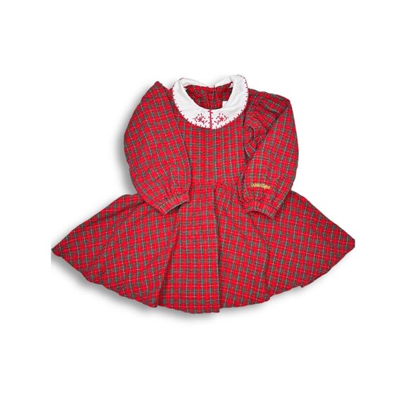 OshKosh BGosh 1980s Toddler Size 4 Red Plaid Cotton Dress Embroidered Collar - Picture 2 of 10